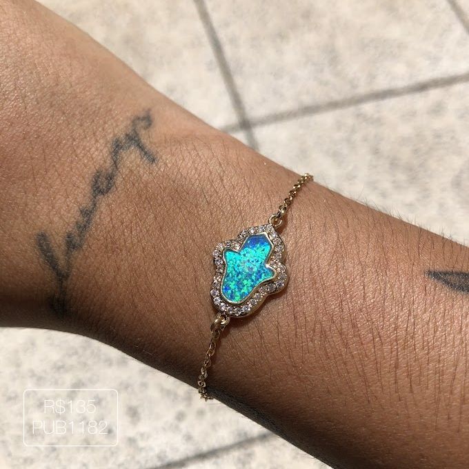 Pulseira Mão de Fátima Opala Dourada